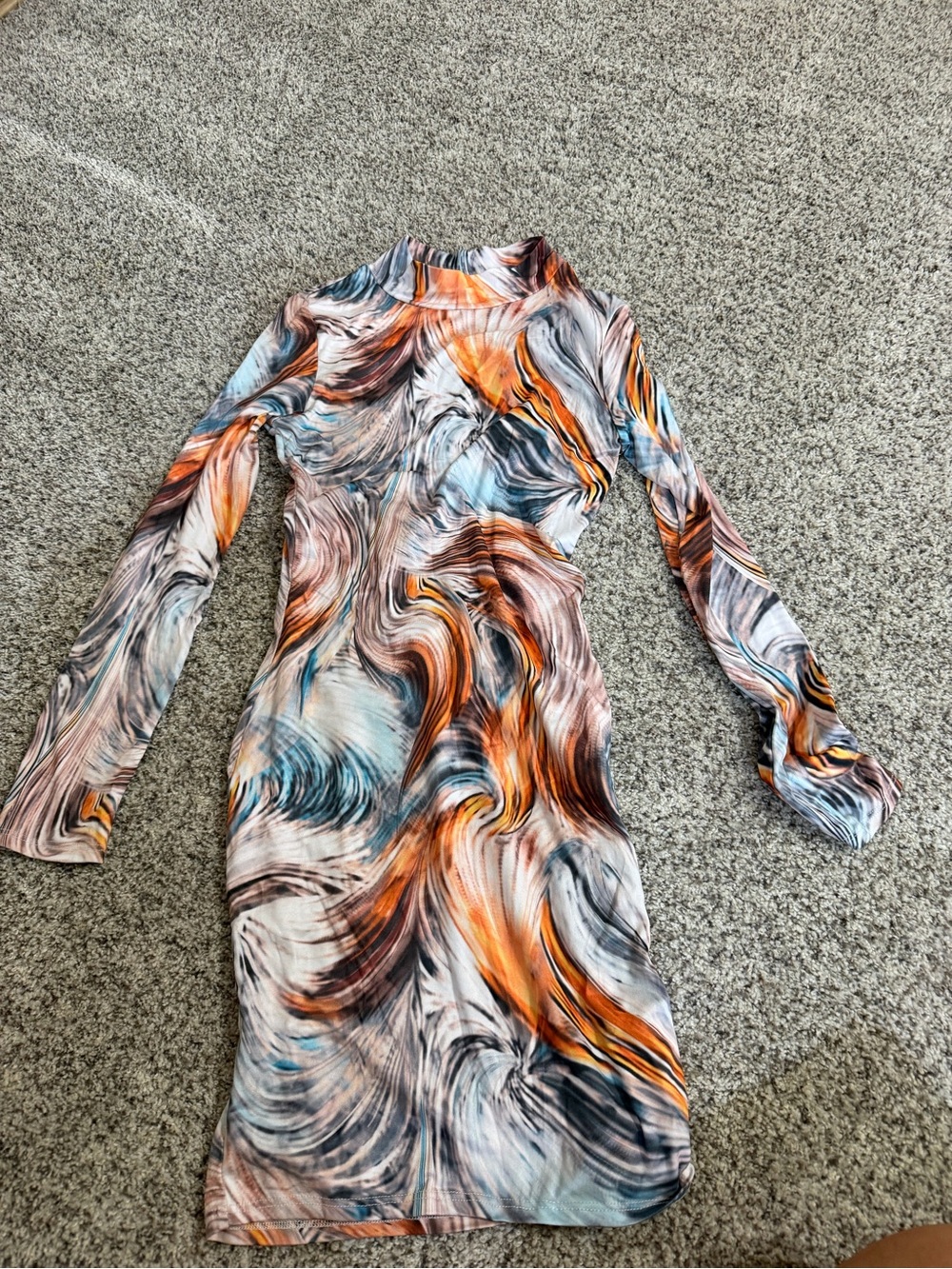 Fashion Nova Women’s Abstract Swirl Print Long Sleeve Dress - Orange & Blue